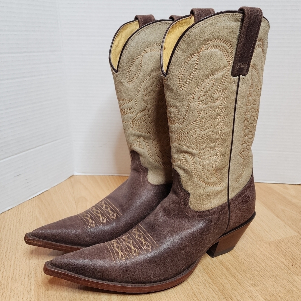 RUDEL Snip Toe Brown Beige Cowgirl Boots 2" heel Women's Size 7 Like New‎